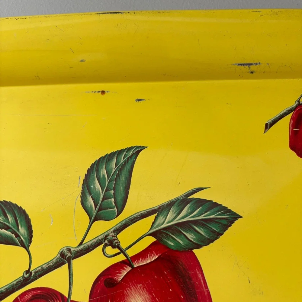 Vintage Yellow Metal Serving Tray Red Apple Litho Tin Farmhouse Kitchen Decor